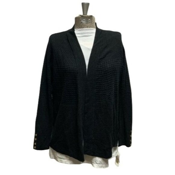 Charter Club Black Open Front Textured Knit Cardigan Sweater PM With Button Cuff - Picture 1 of 3